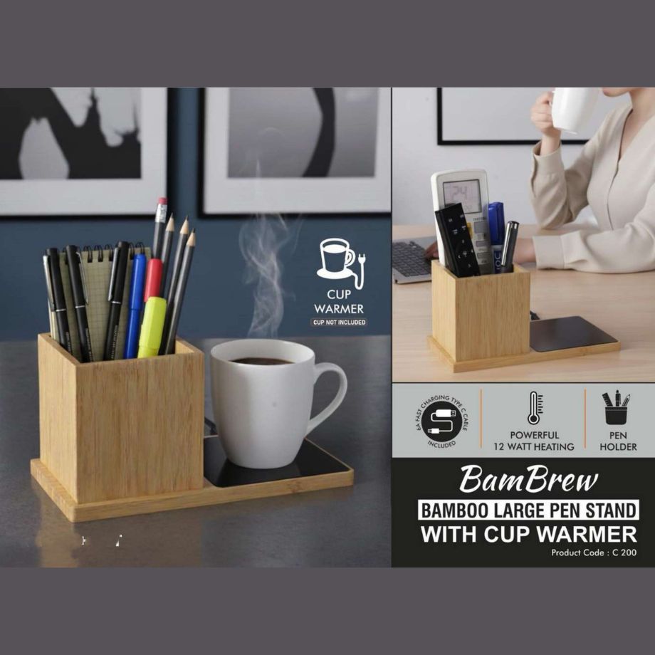 BamBrew Bamboo Large Pen Stand with Cup Warmer